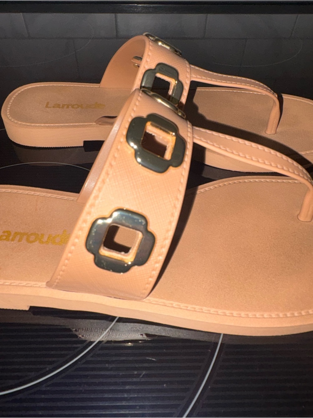 Larroude Nude Tan Slide Sandals with Gold Accents - Picture 2 of 5